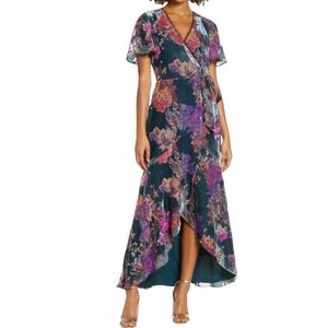 Harlyn Burnout Velvet Wrap Maxi Dress Teal Multi